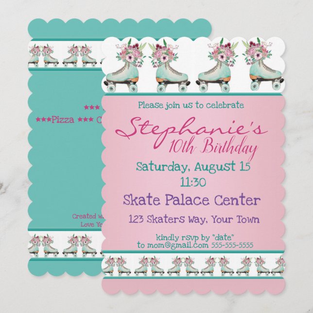 Flowery Blue Skate Birthday Party Invitation (Front/Back)