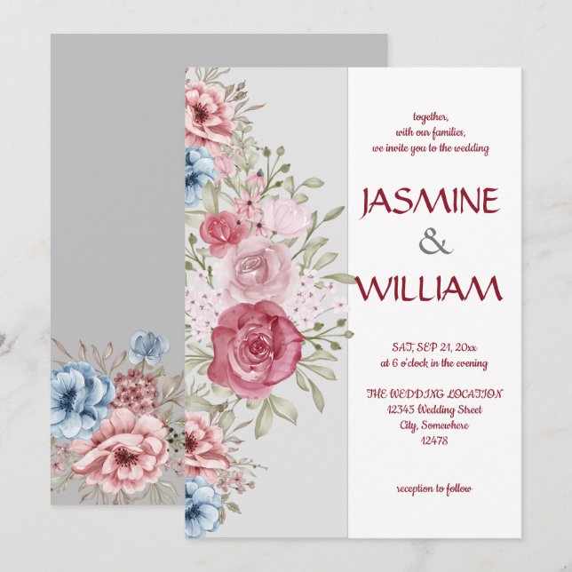 Flowery bouquet of pink and blue flowers invitation (Front/Back)