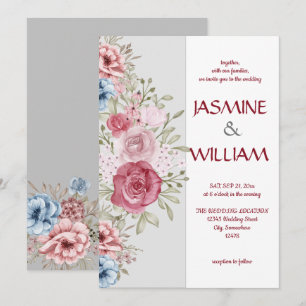 Flowery bouquet of pink and blue flowers invitation