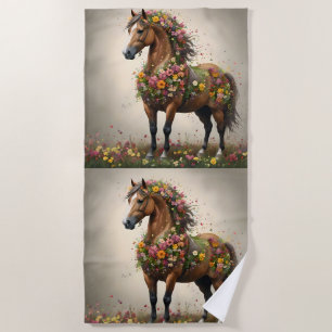 Flowery Brown Horse Fantasy Garden, Beach Towel
