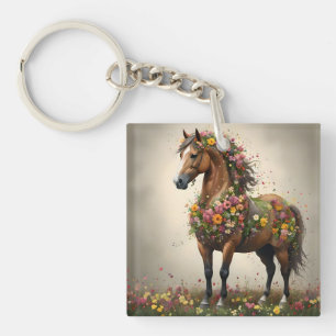 Flowery Brown Horse Fantasy Garden,  Key Ring