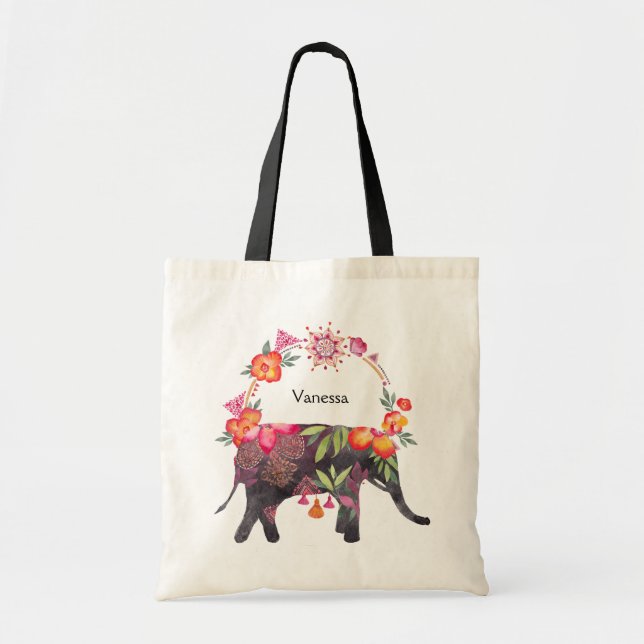 Flowery Elephant with Mandala Wreath Tote Bag (Front)