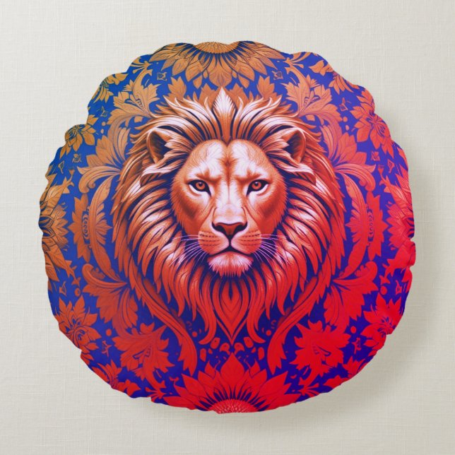 Flowery Lion Brushed Polyester Round Cushion (Front)