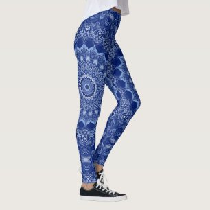Flowery Medallion in Dark Blue and White Leggings