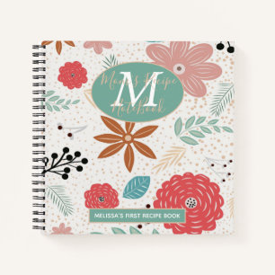 Flowery Pink Blue Brown Monogram Mom 1st Recipe Notebook