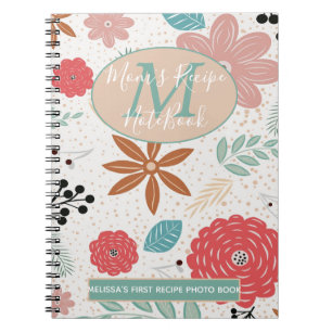 Flowery Pink Blue Brown Monogram Mum 1st Recipe Notebook