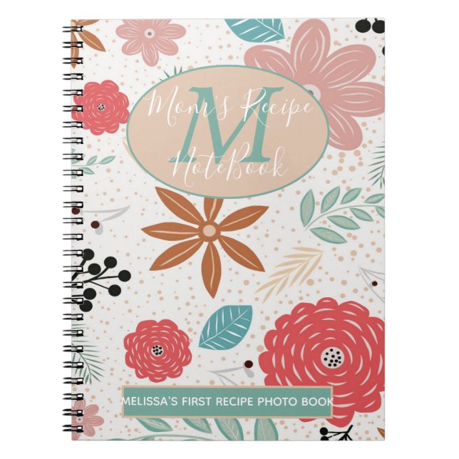 Flowery Pink Blue Brown Monogram Mum 1st Recipe Notebook (Front)