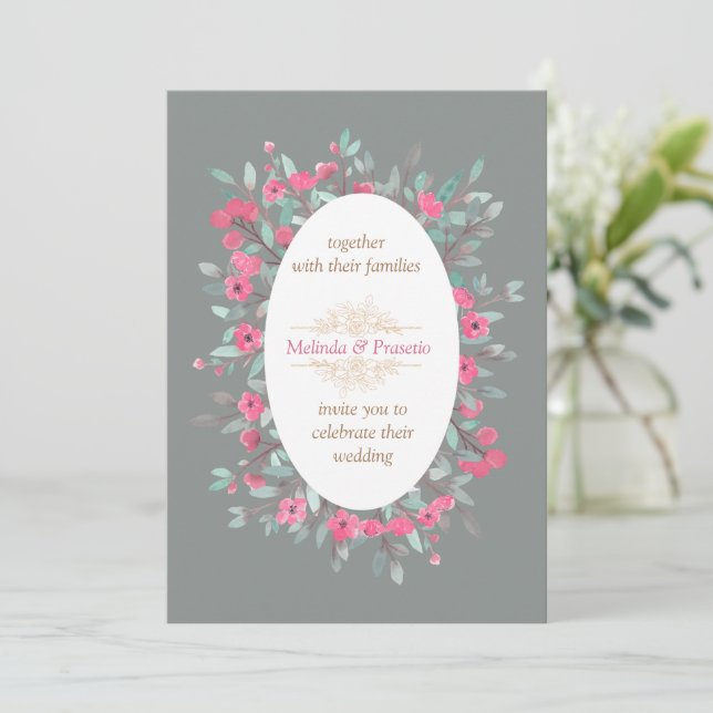 flowery vintage wedding invitation in mint-green (Standing Front)