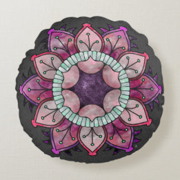 Flowery Watercolor Mandala - Berry Colours on Grey Round Cushion