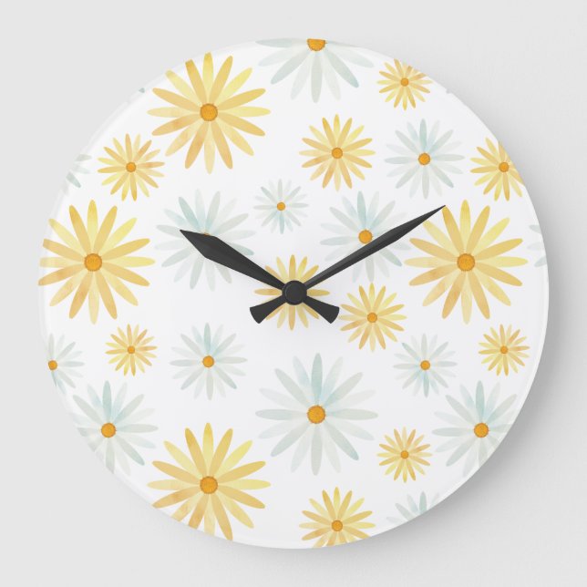 Flowery Watercolour April Daisies Pattern Large Clock (Front)
