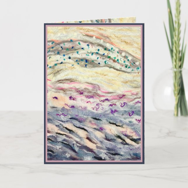 Flowing abstract fibre art in cream black pink card (Front)