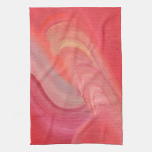 Flowing Abstract Swirls in Red, Pink, and Peach Tea Towel