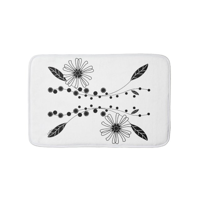 Flowing Black and White Floral Design Bath Mat (Front)