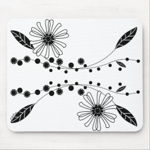 Flowing Black and White Floral Design Mouse Mat