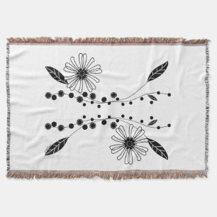 Flowing Black and White Floral Design Throw Blanket