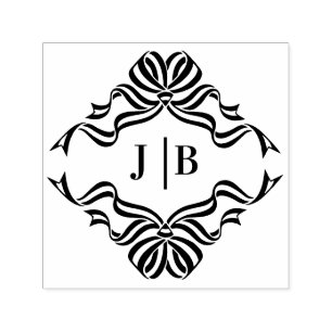 Flowing Bow Ribbons Crest 2 Initials Wedding Self-inking Stamp