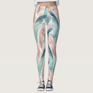 Flowing Brushstroke & Gold Dot Abstract Pattern Leggings