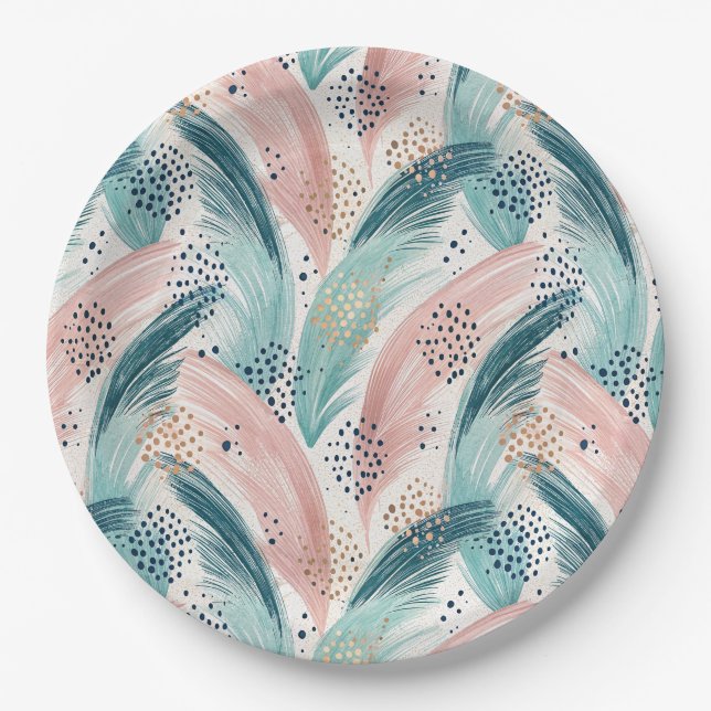 Flowing Brushstroke & Gold Dot Abstract Pattern Paper Plate (Front)