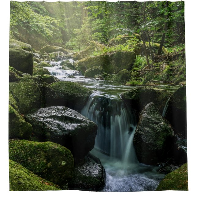 Flowing Creek, Green Mossy Rocks, Forest Nature Shower Curtain (Front)