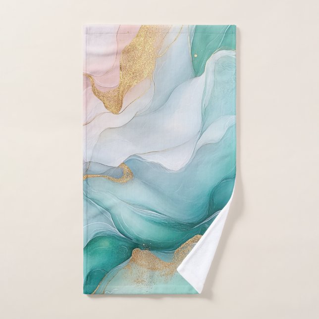 Flowing Emerald and Gold Marble Bath Towel Set (Hand Towel)