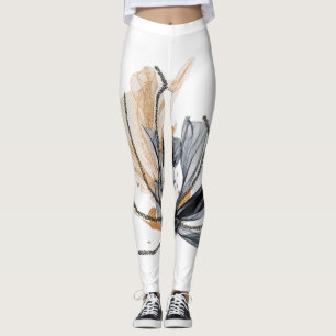 Flowing Floral Design Leggings Black & Gold Colour