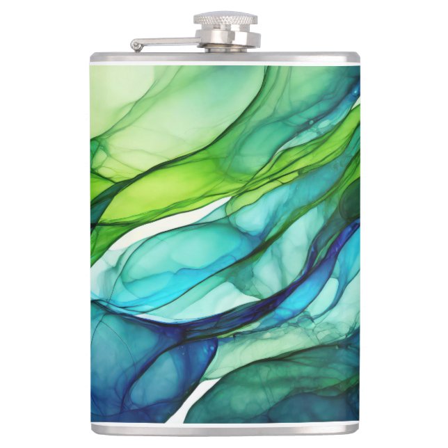 Flowing forms in green and blues hip flask (Front)