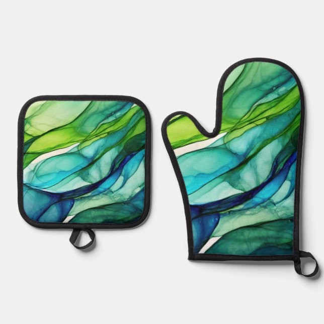 Flowing forms in green and blues oven mitt & pot holder set (Front)