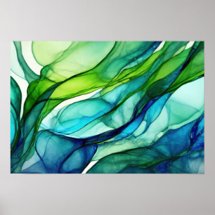 Flowing forms in green and blues poster