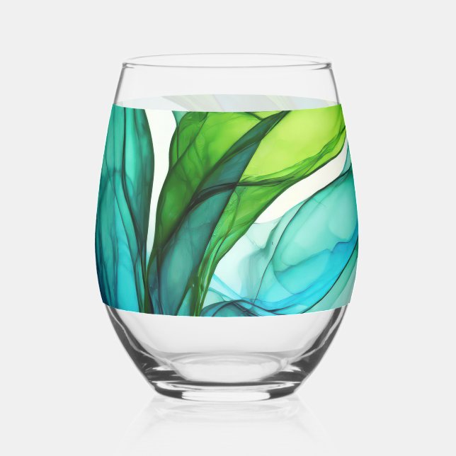 Flowing forms in green and blues stemless wine glass (Front)