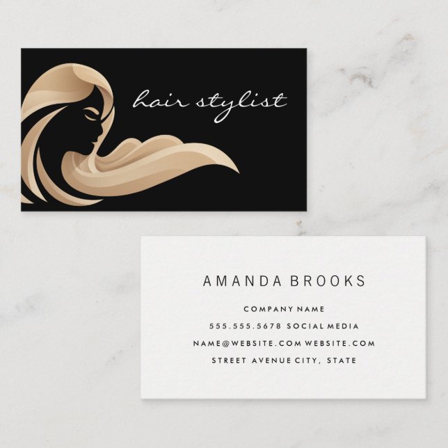 Flowing Hair Illustration | Black Background Business Card (Front/Back)
