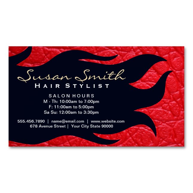 Flowing Hair | Red Leather | Salon Magnetic Business Card (Front)