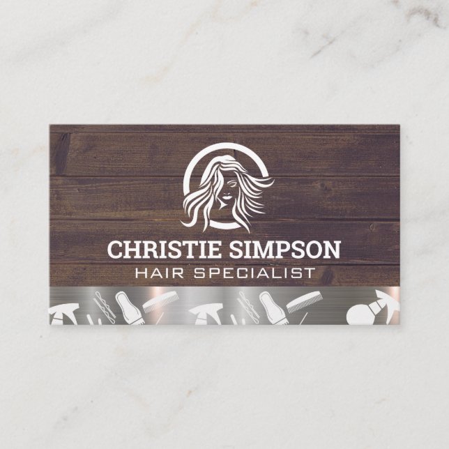 Flowing Hair | Stylist Tools | Wood Metal Business Card (Front)