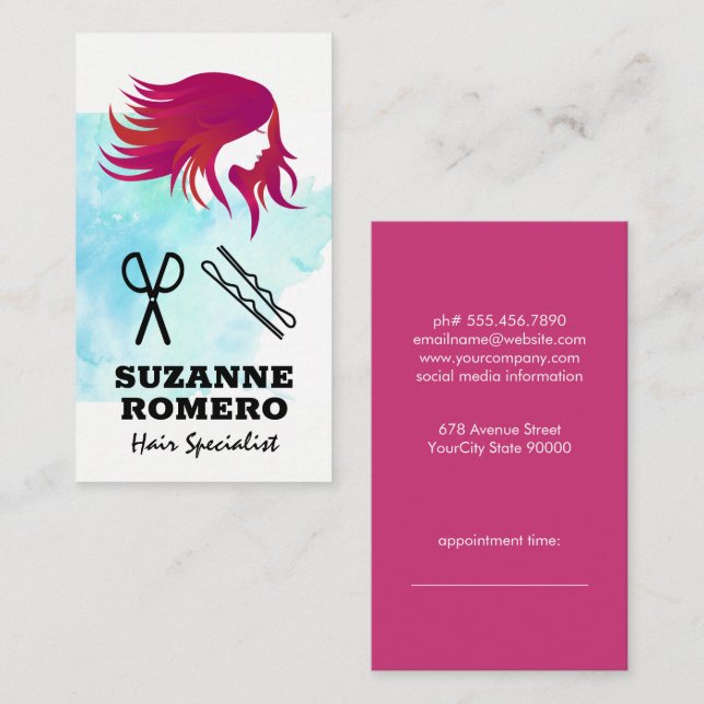Flowing Magenta Hair Logo | Hair Stylist Appointment Card (Front/Back)