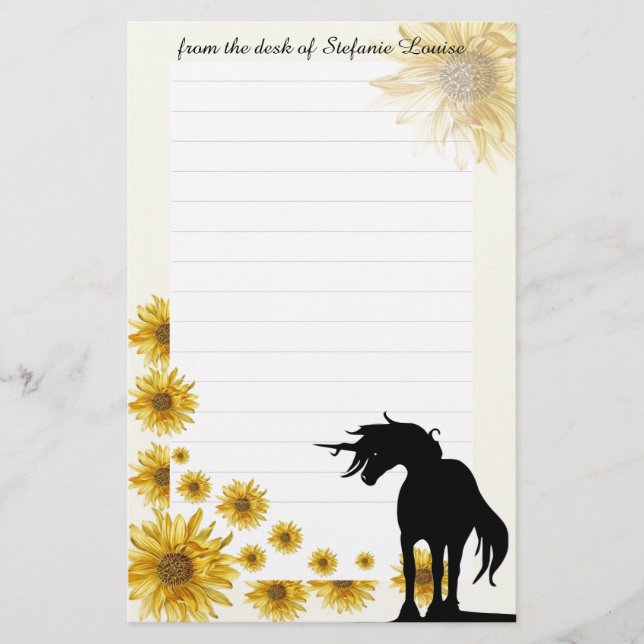 Flowing Mane Unicorn Stationery w/lines (daisy) (Front)