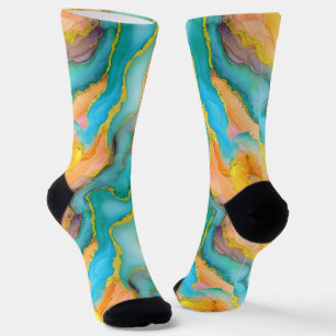 Flowing Marble Effect in Teal, Orange and Gold Socks
