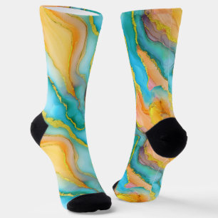 Flowing Marble Effect in Teal, Orange and Gold Socks