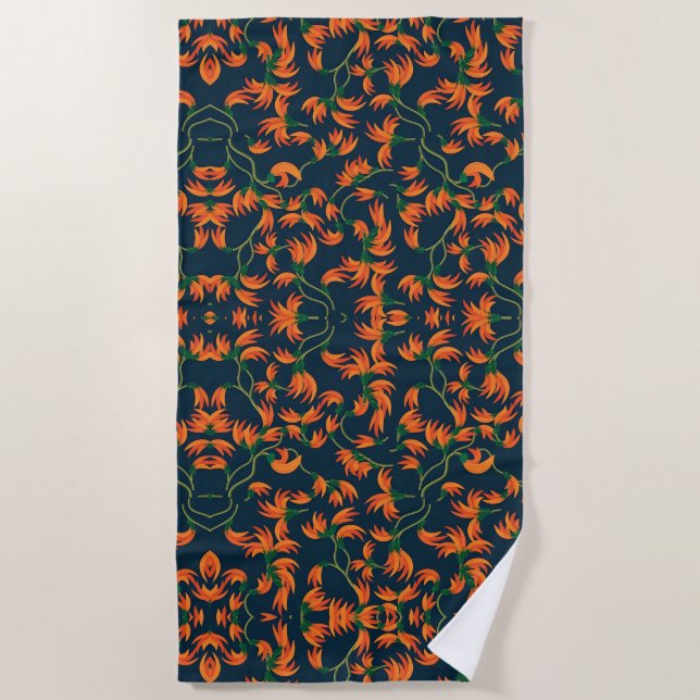  Flowing Orange Floral Pattern Beach Towel (Front)