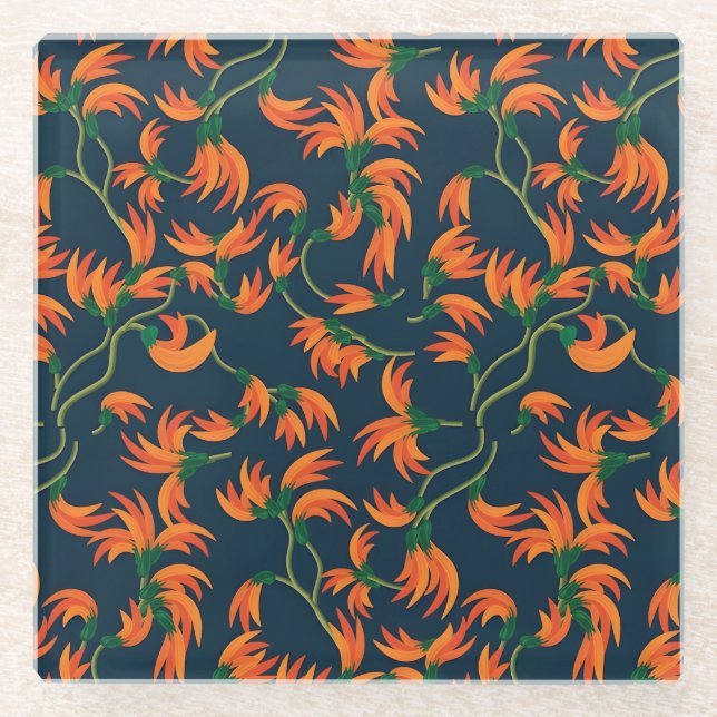  Flowing Orange Floral Pattern Glass Coaster (Front)
