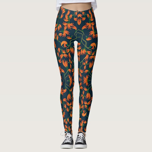 Flowing Orange Floral Pattern Leggings (Front)