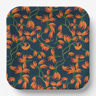 Flowing Orange Floral Pattern Paper Plate
