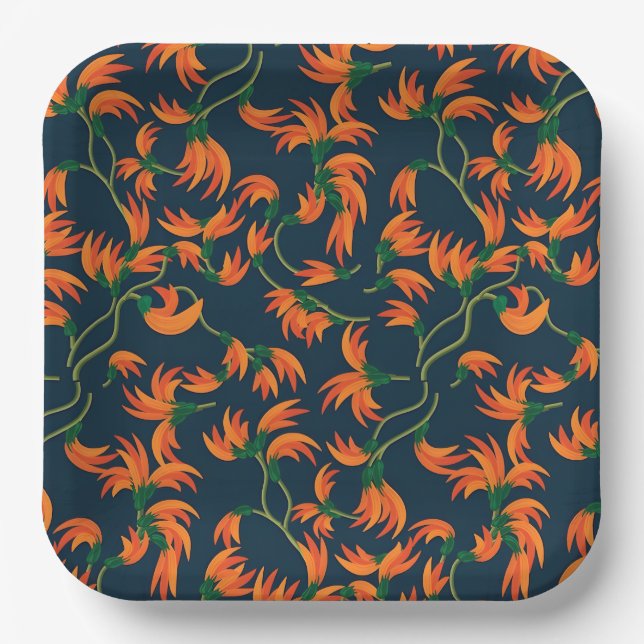  Flowing Orange Floral Pattern Paper Plate (Front)