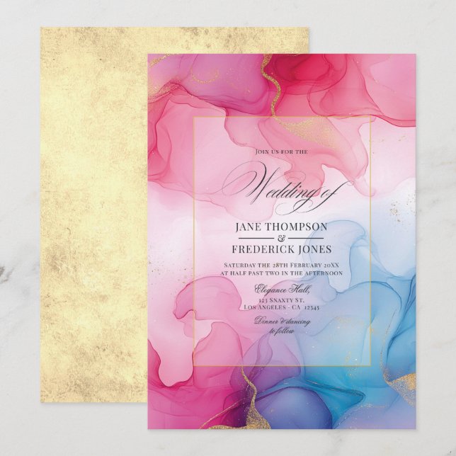 Flowing Pink, Blue, and Gold Alcohol Ink Wedding Invitation (Front/Back)