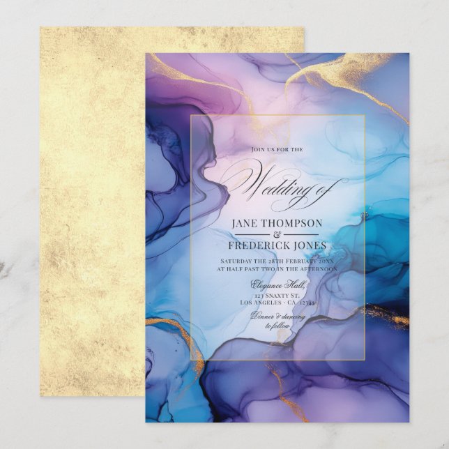 Flowing Purple, Blue, and Gold Alcohol Ink Wedding Invitation (Front/Back)