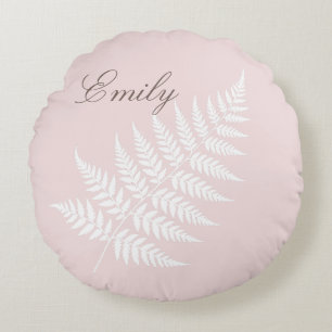 Flowing Script Name Blush Pink White Fern Round Cushion