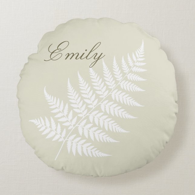 Flowing Script Name Light Green White Fern Round Cushion (Front)