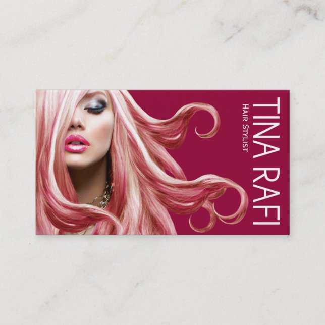 Flowing Tresses Hair Stylist blonde | raspberry Business Card (Front)