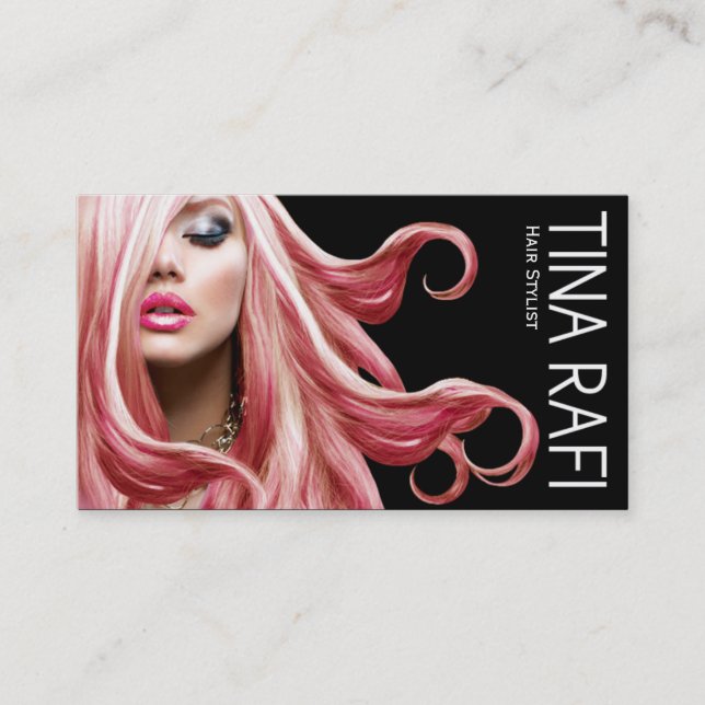 Flowing Tresses Hair Stylist pink hair | black Business Card (Front)