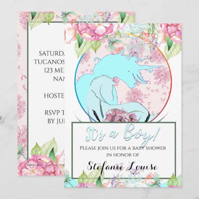 Flowing Unicorn blue It's a Boy! (flowers & dande) Invitation (Front/Back)