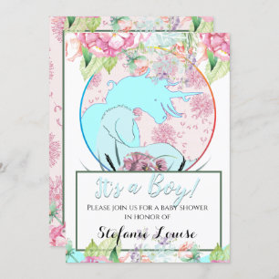 Flowing Unicorn blue It's a Boy! (flowers & dande) Invitation
