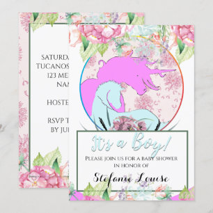 Flowing Unicorn Pink It's a Boy! (flowers &dande) Invitation